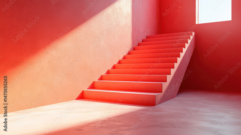 Poster minimalist 4k background showcasing a realistic red staircase ascending within a modern graphic envi
