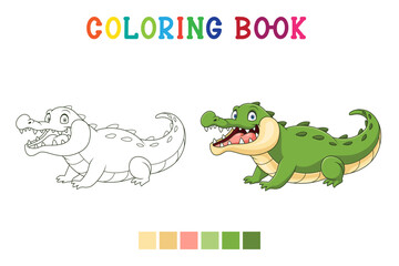 cute crocodile cartoon isolated on white background in coloring book style