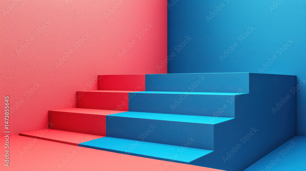 Poster a minimalist 3d rendered background featu realistic steps colored in red and blue, showcasing a side