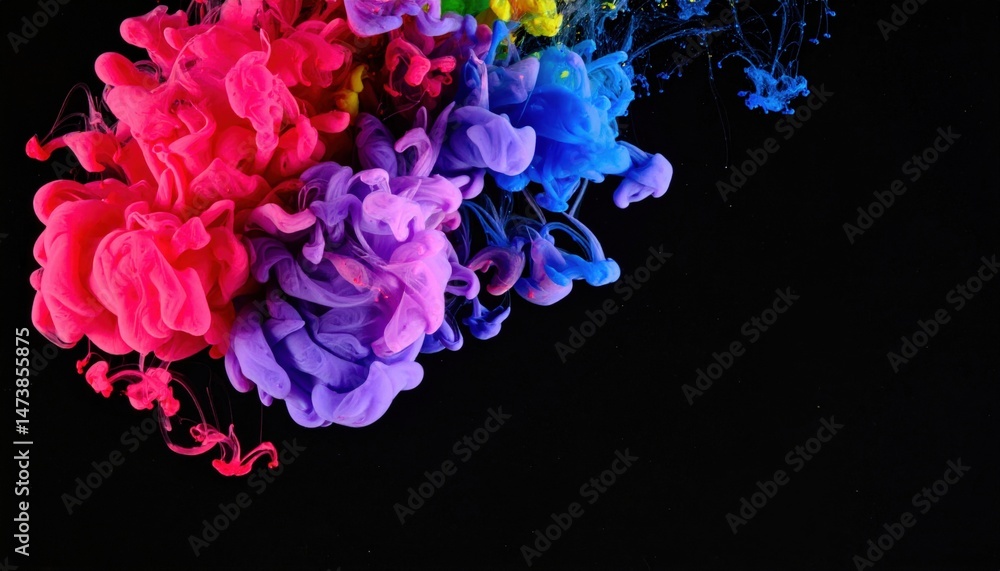 Poster vibrant ink swirls creating abstract art studio environment digital artwork dark background close-up