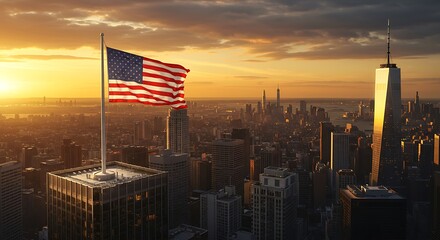 American Flag Over New York City Skyline at Sunset