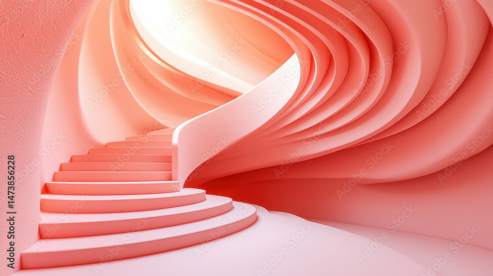 Poster a minimalistic 3d abstract background showcases a realistic side view with spiral staircase and smoo