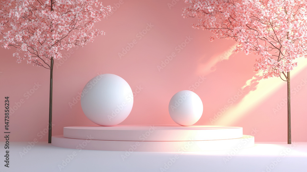 Aufkleber minimalistic 3d background showcases a pink podium with spheres and cherry blossom trees, creating a