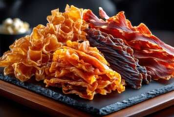 Assorted Dried Snack Options Displayed on Dark Slate Board with Soft Focus Background for Culinary Backgrounds and Snack Marketing