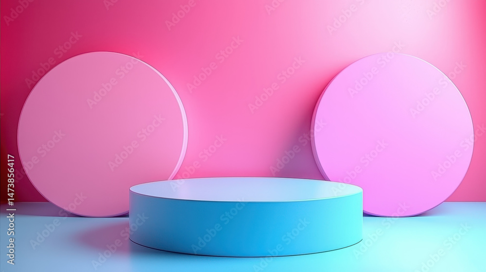 Poster realistic 4k 3d rende of a minimalistic pink and blue podium display with soft lighting and circular