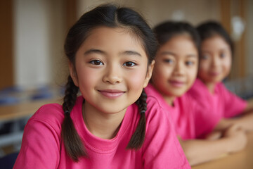 Focused Asian female students in matching pink uniforms engage in learning activities inside a dynamic classroom setting.