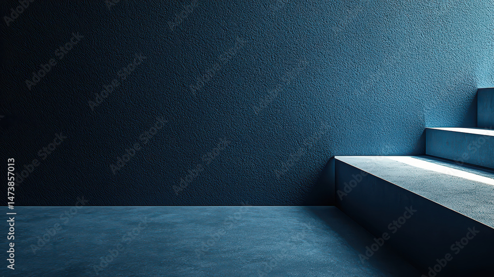 Poster minimalistic 3d rende of a textured blue wall with concrete steps in a realistic 4k side view, provi