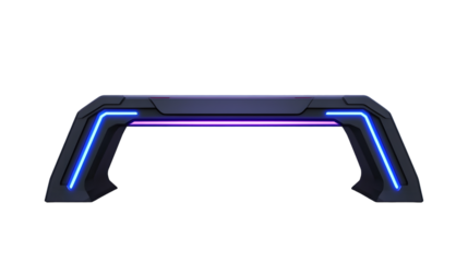 Futuristic illuminated desk with sleek, angular design and vibrant blue and purple accents
