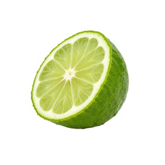 A vibrant, halved lime with a bright green color and a star-shaped pit, showcasing the juicy interior and the contrasting transparent background.