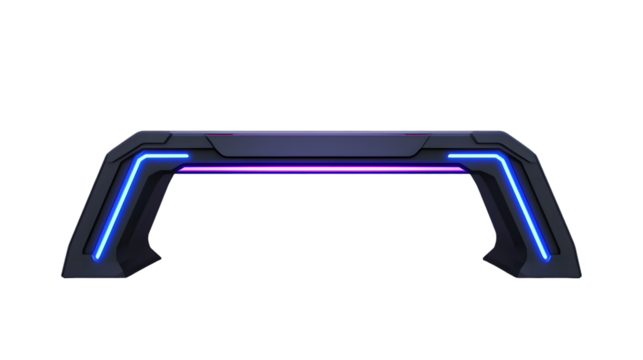 Futuristic illuminated desk with sleek, angular design and vibrant blue and purple accents