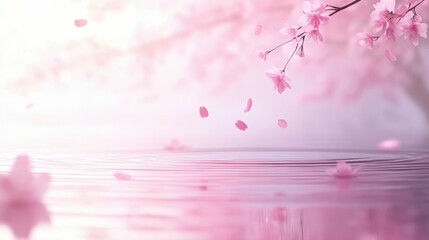 Pink blossoms, petals falling on calm pink water.