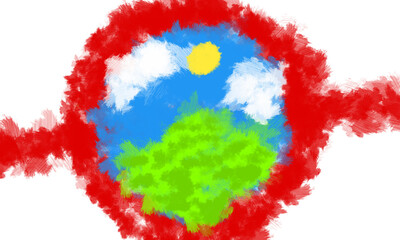 Mountain Landscape Painting in the Middle of the Red Circle