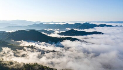 Morning fog rolling over mountainous landscape nature photography aerial view serene environment tranquil concept