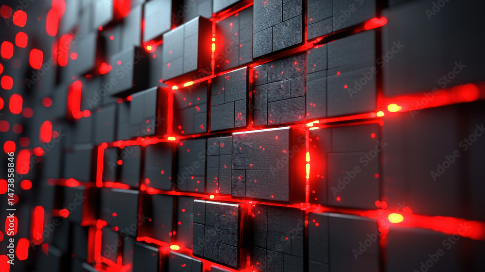 Poster realistic 4k side view of a layered 3d background composition with glowing red light accents on blac