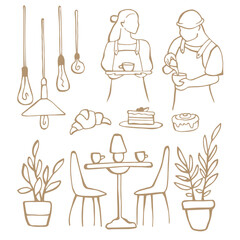 Coffee house vector set in brown color. Line art clip art with ca table and chairs in a cafe, potted flowers, lamps, barista, waiter and desserts. Сoffee-themed composition in the ink style