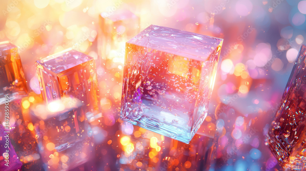 Poster a luminous 3d layered composition presents realistic cubes in a 4k side view, featu bokeh effects an