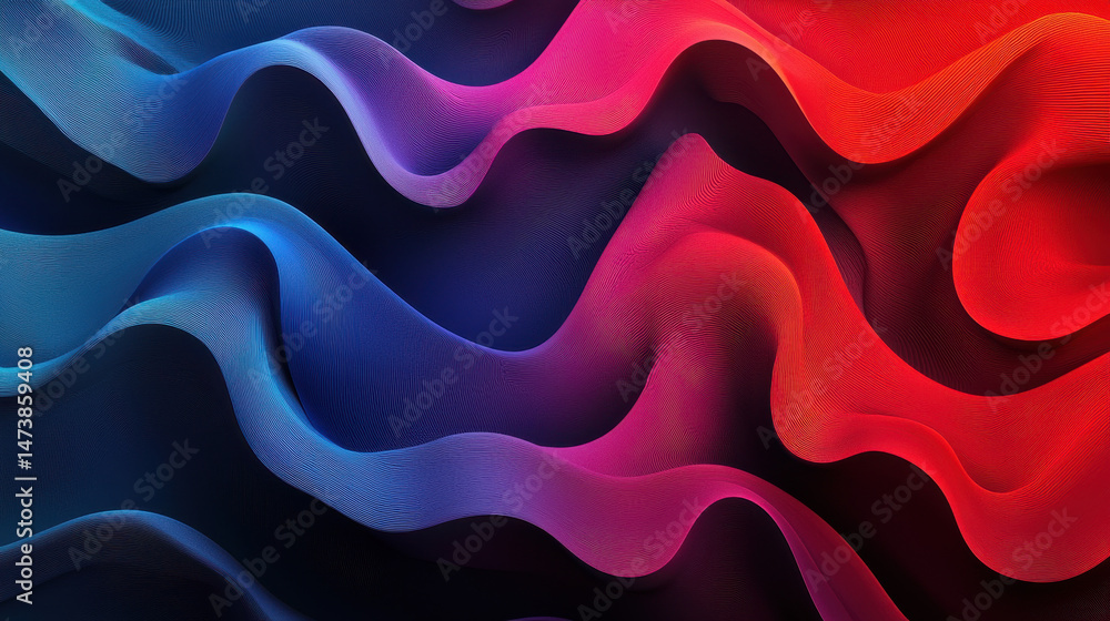 Poster realistic 4k 3d background with layered beauty shows side angle view of flowing waves with red and b