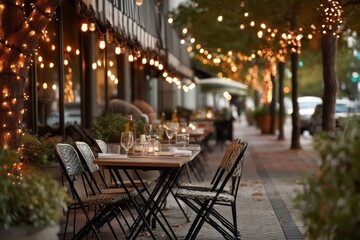 Fototapeta premium Cozy cafe patio with bistro tables and string lights.