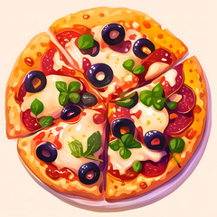 Colorful Cartoon Pizza with Toppings – Tasty Italian Food Illustration
