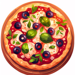 Colorful Cartoon Pizza with Toppings – Tasty Italian Food Illustration