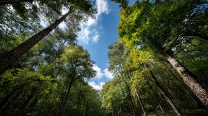 Obraz premium Serene Forest Canopy: Lush Green Trees Against a Blue Sky