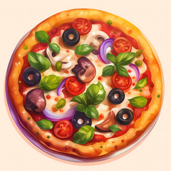 Colorful Cartoon Pizza with Toppings – Tasty Italian Food Illustration