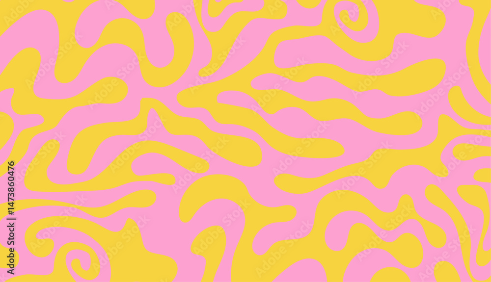 Leinwandbilder Abstract background pattern with colorful waves. Psychedelic groovy trippy y2k retro seamless pattern in yellow pink colors. Wavy and swirled brush strokes liquid background for packaging design