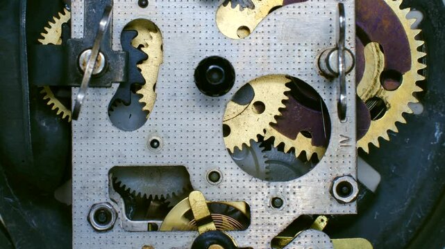 Precision mechanical design revealing complex metallic clockwork system with synchronized gears rotating smoothly, demonstrating intricate engineering details and rhythmic motion