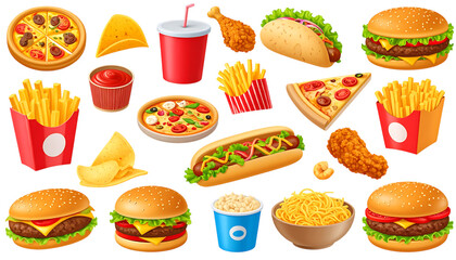 Fast food 3d realistic render icon set. Pizza, taco, hamburger, fries potatoes, ramen noodle soup, hot dog, popcorn, chicken leg,