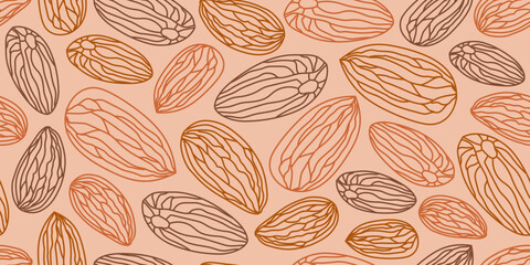 Seamless pattern design featuring almond illustrations in various line art styles and earthy tones, perfect for food or natural product themes