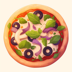 Colorful Cartoon Pizza with Toppings – Tasty Italian Food Illustration