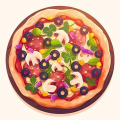 Colorful Cartoon Pizza with Toppings – Tasty Italian Food Illustration