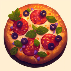 Colorful Cartoon Pizza with Toppings – Tasty Italian Food Illustration