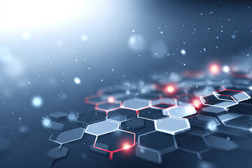 Fototapeta premium Abstract technology background with hexagonal pattern and glowing red lights, creating futuristic and dynamic digital network atmosphere with soft blue bokeh effects