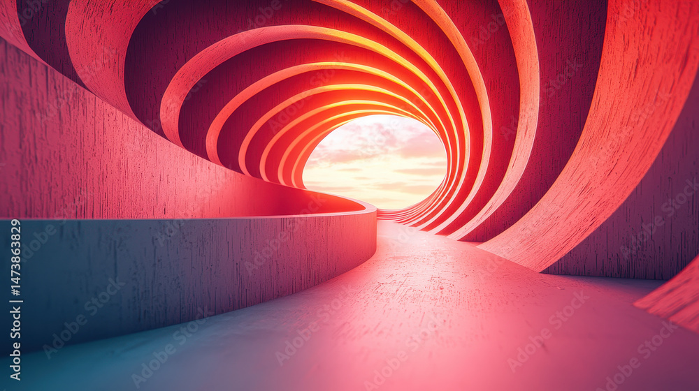 Poster harmonious lines in a realistic 4k 3d background form a mesmerizing tunnel, with light at the end cr