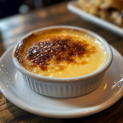 Delicious custard dessert served in a white dish on a wooden table at a cozy cafe during afternoon hours