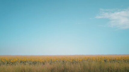 Fototapeta premium Yellow flowers in tall grass under a blue sky.