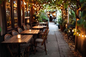 Fototapeta premium Cozy cafe patio with bistro tables and string lights.