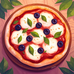 Colorful Cartoon Pizza with Toppings – Tasty Italian Food Illustration
