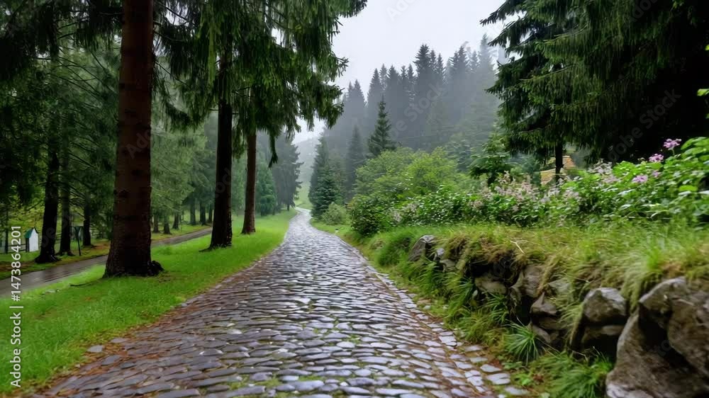 Poster cobblestone path through green forest with mist and tall trees creating serene natural scene