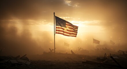American Flag in Dusty Battlefield