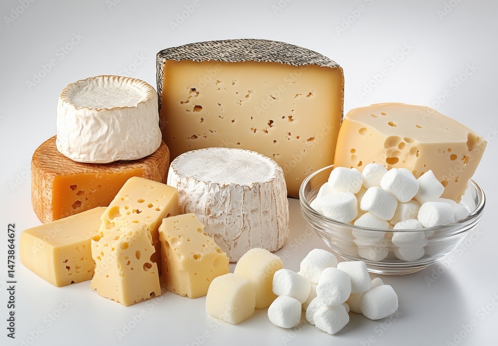 Poster assorted types of cheese including soft, hard, and fresh varieties with different textures and shape