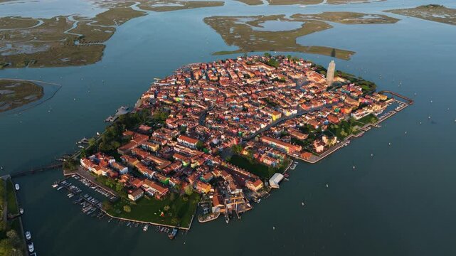 Panoramic Aerial View Of The Colorful Houses Of Burano Island In The Venetian Lagoon, Italy.
