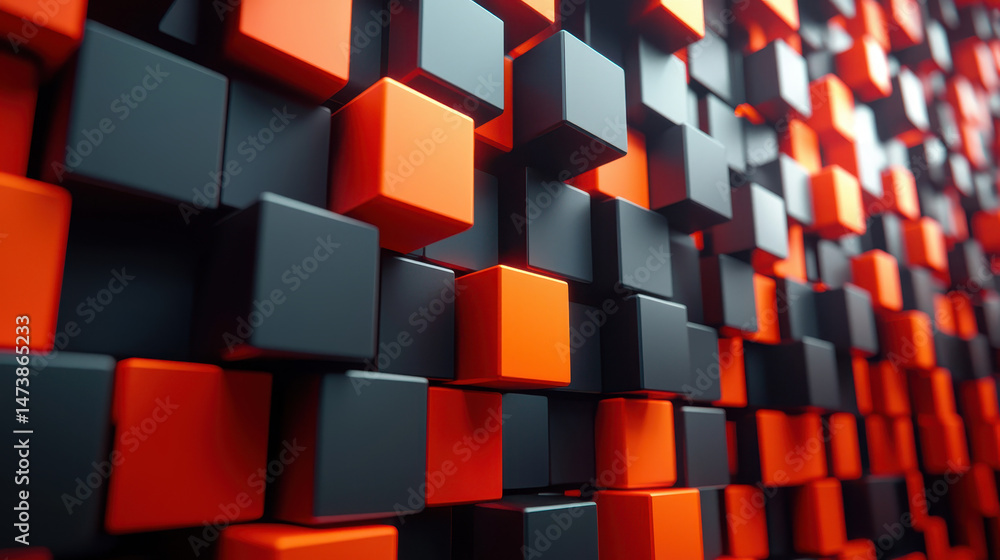 Poster 4k geometric interplay showcases a realistic 3d background of black and orange cubes in a side view,
