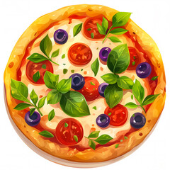 Colorful Cartoon Pizza with Toppings – Tasty Italian Food Illustration