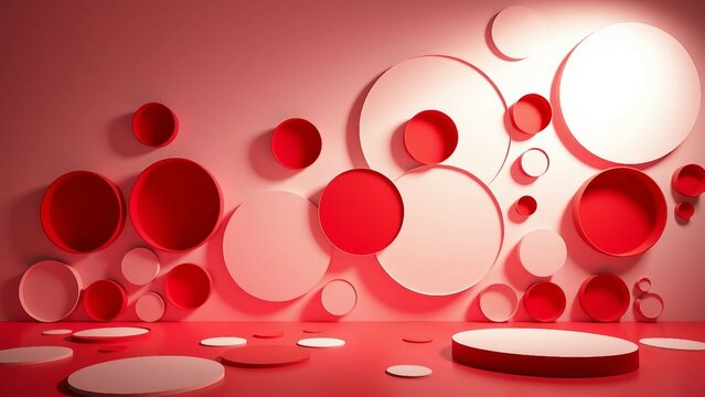 Abstrakte 3D-Illustration aus roten und rosafarbenen Papierkreisen mit modernem Design und kreativer Raumwirkung.