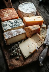 Fototapeta premium Assortment of Artisan Cheeses on Rustic Wooden Board with Fresh Herbs and Knife in Natural Light