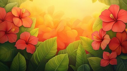 Orange flowers, green leaves, sunlit background.