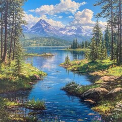 Serene mountain lake landscape. Lush greenery surrounds a tranquil lake reflecting majestic peaks