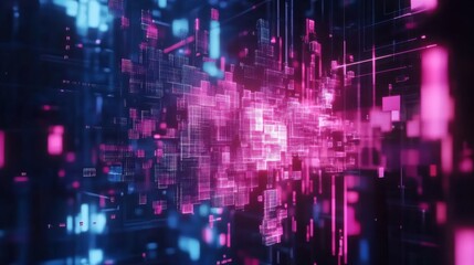 Obraz premium Bright Abstract Digital Background with Glowing Squares and Lines in Blue and Pink Colors